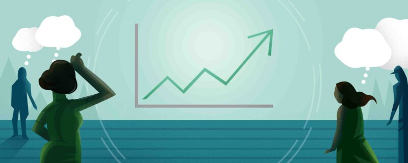 2 illustrated characters looking at a line chart