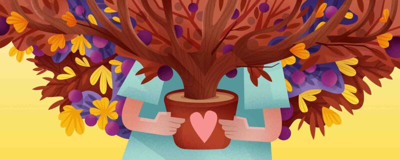 illustration of tree sprouting from pot with heart on it
