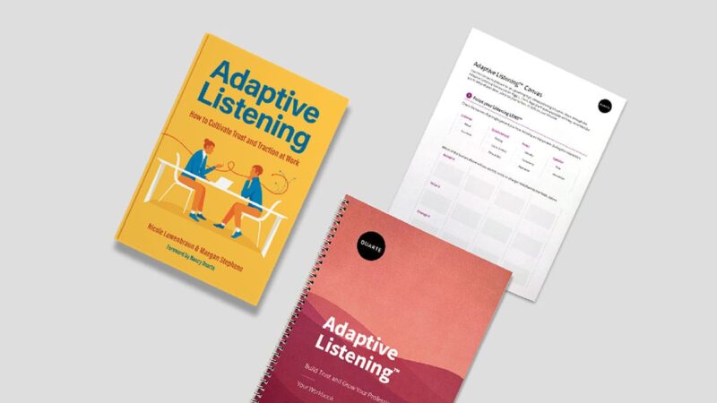 The cover of Adaptive Listening book, course overview, and notebook.
