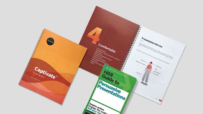 A Captivate workbook, course overview, and brochure.