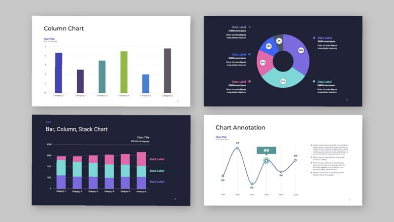 Four presentation slides showing charts and graphs.