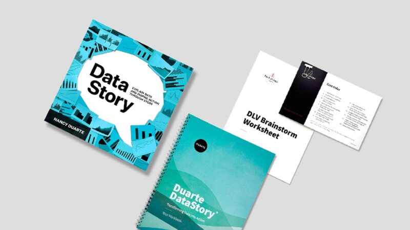 The cover of the DataStory book, with a workbook, and course overview.