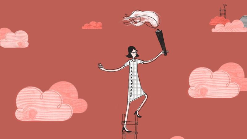 A cartoon drawing of a woman standing on a ladder with a torch in her hand and a backdrop of clouds.