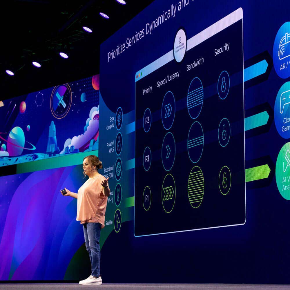 A woman leads a presentation in front of a large screen at a conference.