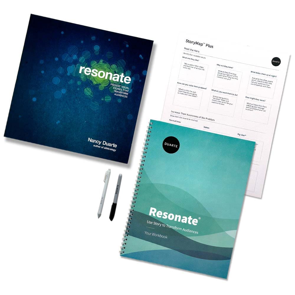 The cover of the Resonate book, workbook, and course overview.
