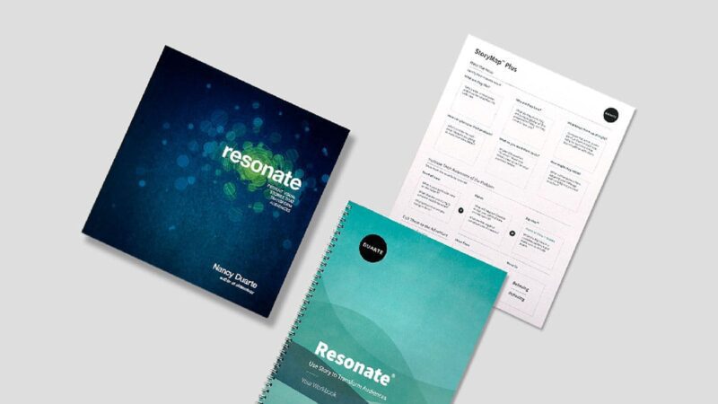 The cover of a Resonate book, workbook, and course overview.