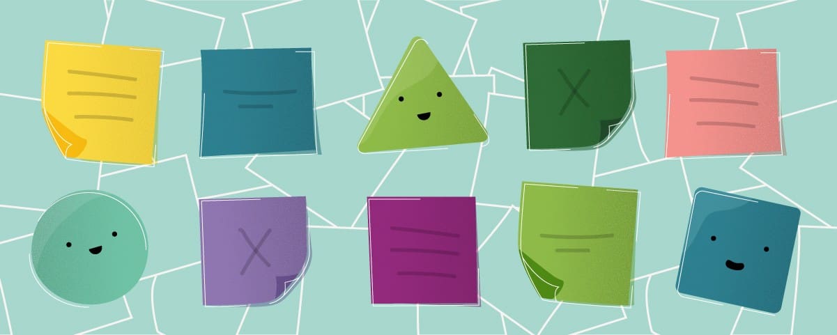 Cartoon triangle, square, and circle surrounded by sticky notes
