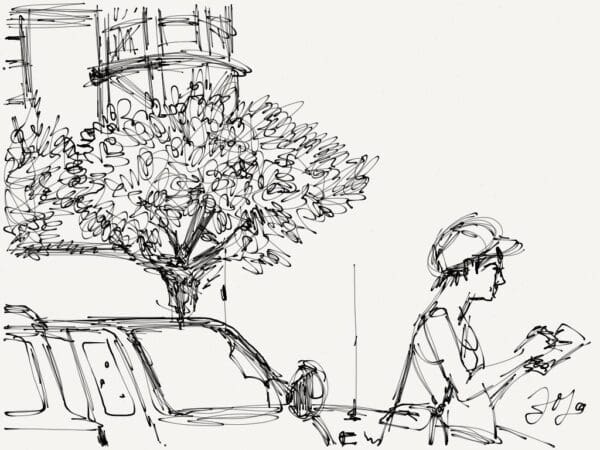 Sketch drawn of a person leaning against a car with a tree directly behind them