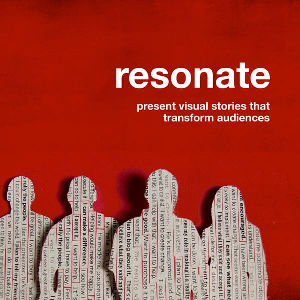 Mockup of a possible book cover of "Resonate" with silhouettes of people filled with paper cut out words