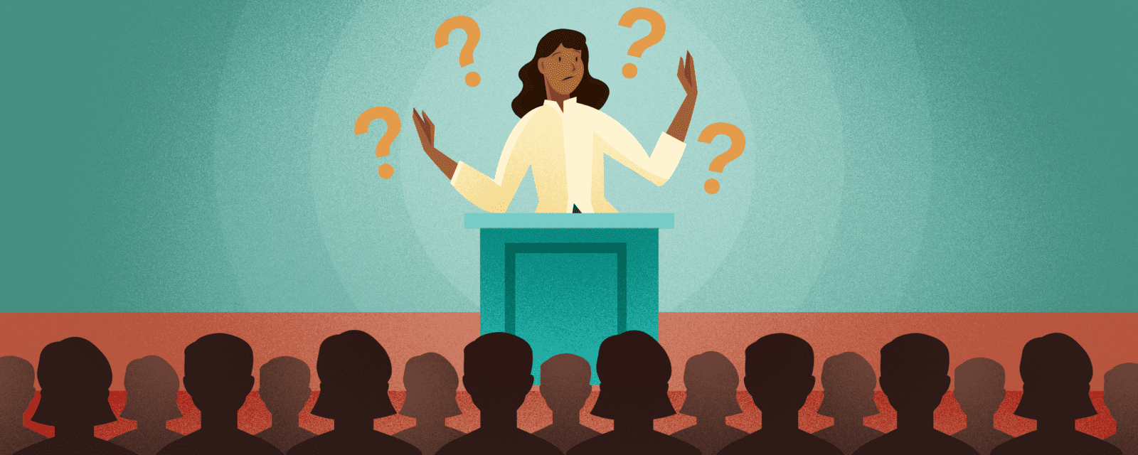 Woman standing at a podium, giving a presentation to an audience. Question mark icons hover around her head
