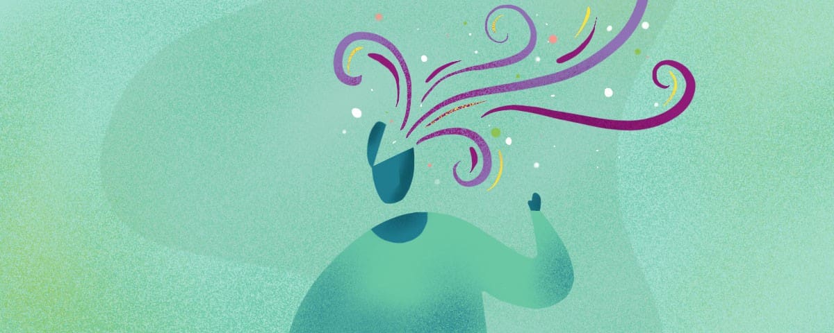 An animated character with colorful lines flowing out of their mind, representing the art of brainstorming