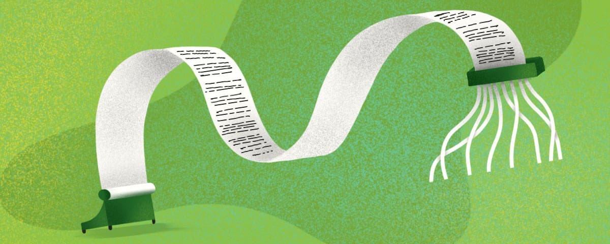 A long piece of paper going through a shredder on the end, which represents the ability to edit