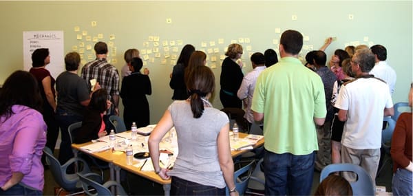 Attendees writing out ideas on post it notes and sticking them to the wall
