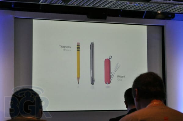 Presentation slide - comparing a pencil for thinness, to a pocket knife for weight