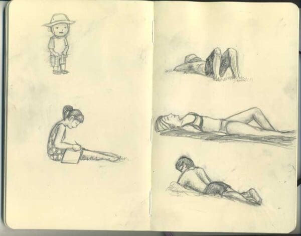 Sketches drawn of various people, a person moves from laying on their stomach to laying on their back