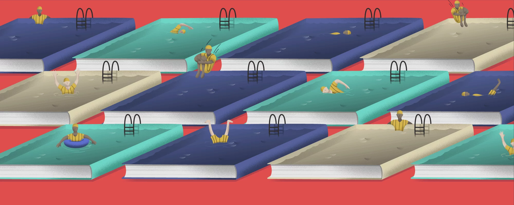 several books laying flat with the cover animated as a pool, with characters diving and swimming into the book