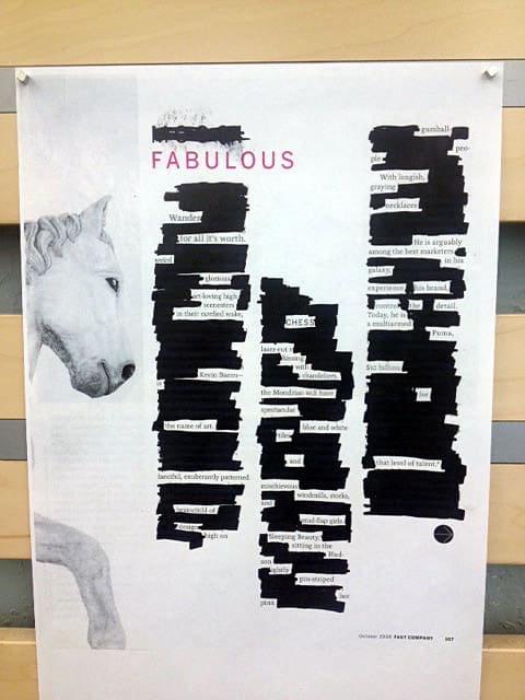 Blackout poem pinned on the wall "Fabulous"
