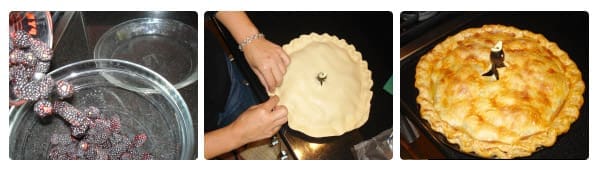 Nancy putting berries in a pie dish, then topping them with pie crust and putting the ceramic bird in the middle. The end product is a golden pie with a bird's beak peaking out of the top. 