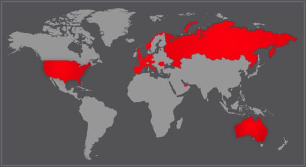 Map in black and grey, with countries highlighted in red