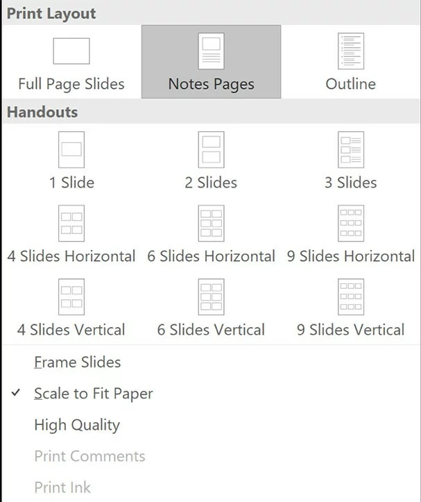 PowerPoint print options
