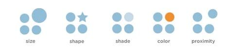 Principles of Contrast, showing size, shape, shade, color, and proximity