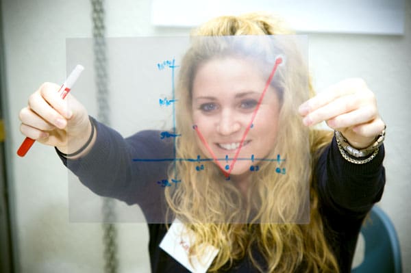 Woman showing a graph she created during a Slideology workshop