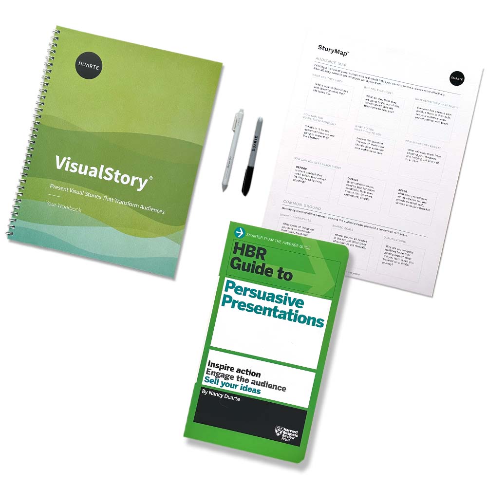 The cover of the book HBR Guide to Persuasive Presentations, with a VisualStory notebook and course overview.