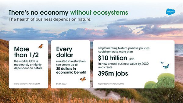 Salesforce Nature Positive "Five pressures causing nature loss" slide after